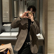 JNJKQA秋冬新款時(shí)尚休閑韓版毛呢西服韓國韓流服飾西裝外套男 咖啡色人字格 XL