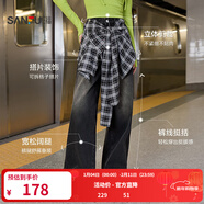 三福牛仔長(cháng)褲2025秋季新款可拆格子裝飾寬松闊腿褲女裝直筒504875 黑色 M