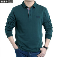 吉普（JEEP）長(zhǎng)袖T恤男春秋季新款商務(wù)休閑寬松翻領(lǐng)純色棉質(zhì)男裝上衣打底衫 PS0001款墨綠色 M(建議110-130斤)
