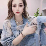 AEMAPE牛仔外套女短款時(shí)尚休閑顯瘦燙鉆網(wǎng)紗亮片長(cháng)袖上衣2026春秋新款 藍色(蕾絲鏤空) M 100-112斤