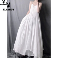 花花公子（PLAYBOY）撿漏文藝森系不規則大擺吊帶連衣裙超仙女棉亞麻背心長(cháng)裙子 白色 L 建議130斤以下