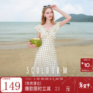 三彩2025夏季新款提花連衣裙波點(diǎn)印花荷葉邊收腰長(cháng)裙法式M 米白色花卉 M 160/84A