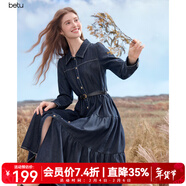 百圖（betu）女裝2025年秋季新款連衣裙腰帶收腰拼接A型裙擺牛仔裙裙子2509T94 深牛仔藍 XS
