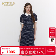 Scofield優(yōu)雅氣質(zhì)復古波點(diǎn)印花百褶中長(cháng)連衣裙女裝夏季新款 藏青色（爆款加單） L 170