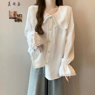 美安嘉春秋大碼蕾絲娃娃領(lǐng)喇叭長(cháng)袖襯衫女新款寬松上衣減齡獨特漂亮襯衣 白色 L 建議100-120斤