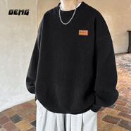 OEMG  半高領(lǐng)毛衣男春秋冬季加絨加厚套頭線(xiàn)衣潮牌寬松打底針織衫外套 黑色 【高品質(zhì)】 XL [建議120-135斤]