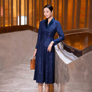 納繹藍色醋酸連衣裙女2025冬季新款端莊大氣長(cháng)袖修身假兩件拼接蕾絲裙 藍色花紋 S