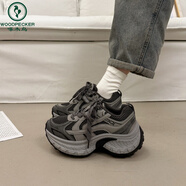 啄木鳥(niǎo)超火厚底松糕老爹鞋女小個(gè)子增高2026新款春季歐貨運動(dòng)休閑鞋 灰色 -單里 36