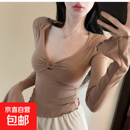 春秋純欲辣妹性感鏤空長(cháng)袖喇叭袖打底衫內搭低胸別致獨特短女上衣 卡其色 L