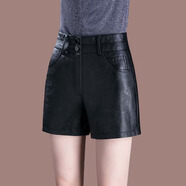 兔芊（TUQIAN）女式真皮短褲修身女羊皮2025新款海寧女秋冬外穿高腰百搭外穿皮褲 黑色 2XL 120-130斤