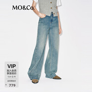 MO&Co.【神褲】牛仔褲2025冬新品棉解構拼接側縫闊腿褲藍中腰MBE4JENT09 牛仔藍色 S 26