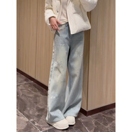 ADTNM感雪花燙鉆闊腿牛仔褲女2026冬季高腰窄版加絨直筒拖地褲 淺藍色 常規 L 建議 105-115斤