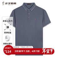 才子（TRIES）商務(wù)休閑POLO衫夏季短袖撞色條紋翻領(lǐng)T恤桑蠶絲柔順透氣時(shí)尚上衣 灰藍色 2XL 52(180/96A)