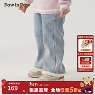 PawinPaw卡通小熊童裝秋冬女寶寶加絨喇叭褲拼接牛仔褲 Indigo牛仔藍色/55 90 cm