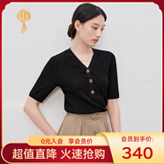 敦奴（DUNNU）dunnu敦奴2024夏季新款顯瘦正肩法式V領(lǐng)坑條針織衫女 正黑色 S