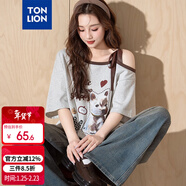 唐獅2025夏女撞色斜肩蝴蝶結露肩綁帶印花短袖T恤