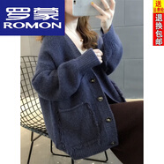 羅蒙（ROMON）羊毛慵懶風(fēng)流蘇毛衣外套女25秋冬新款韓版寬松單排扣針織開(kāi)衫女 藏藍色. S 建議80-95斤左右.