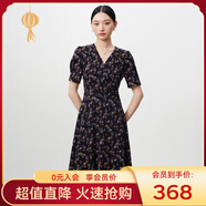 敦奴（DUNNU）dunnu敦奴2024夏季新款中長(cháng)款法式V領(lǐng)雪紡印花連衣裙女 正黑色 2XL