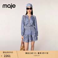 Maje2025春夏女裝法式復古松緊袖口印花鏤空短款收腰修身連衣裙 多色 M