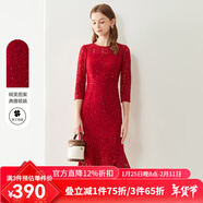 經(jīng)典故事（JANE STORY）高端蕾絲連衣裙女春秋2025新款時(shí)尚氣質(zhì)晚禮服正式場(chǎng)合紅色魚(yú)尾裙 深紅色 XL