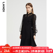 藍地春季新款黑色小立領(lǐng)盤(pán)扣蕾絲泡泡袖連衣裙女長(cháng)袖高腰裙子DLWC 黑色 L