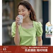 茵曼（INMAN）夏季小眾泡泡袖寬松氣質(zhì)法式顯瘦方領(lǐng)短袖T恤女上衣 翠綠色 XL