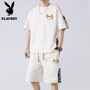 花花公子（PLAYBOY）品牌夏季短袖短褲套裝男寬松國風(fēng)2026新款潮流刺繡T恤兩件套 TZ069米白色 【高品質(zhì)】 L 建議110-125斤