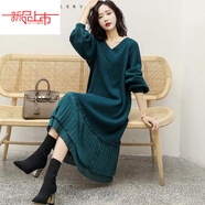 恒源祥秋冬季毛衣裙女韓版雪紡拼接寬松大碼針織衫連衣裙中長(cháng)款過(guò)膝套頭 墨綠色今年流行的輕奢品牌 S