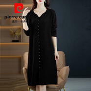 皮爾卡丹（pierre cardin）100%純羊毛連衣裙秋款女新款配大衣內搭毛衣冬裙秋冬季針織打底裙 黑色 XXXL【140-160斤】