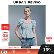 UR2025夏季新款女裝拼接蕾絲打攬設計短袖罩衫襯衫UYY250032 淡藍 (面料微透) XS