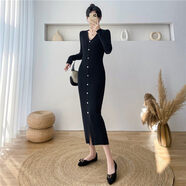 ADTNM法式復古長(cháng)版針織開(kāi)衫女秋季設計感修身氣質(zhì)中長(cháng)版顯瘦洋裝 黑色 S 建議80-95體重