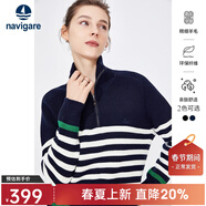 Navigare意大利小帆船女士長(cháng)袖針織衫秋冬款舒適半開(kāi)領(lǐng)上衣翻領(lǐng)條紋毛衣女 海軍藍/白 M 碼