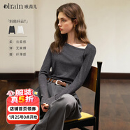 Olrain歐芮兒灰色長(cháng)袖T恤女裝秋季通勤斜肩設計感打底衫上衣 灰色 S