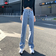 AEMAPE 褲子女2026春秋冬季女裝高腰闊腿褲牛仔褲女寬松顯瘦加絨直筒褲 淺藍色 L _建議_105-115斤