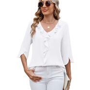 歐美2025雪紡衫中袖V領(lǐng)褶皺邊寬松女式上衣 白色 L