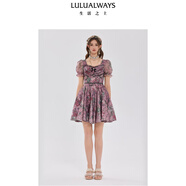 LULUALWAYS我愛(ài)露露25夏季新款法式宮廷收腰顯瘦雪紡提花蕾絲連衣裙女禮服 粉色 3 L