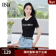 歐莎（OSA）拼接撞色圓領(lǐng)針織衫女氣質(zhì)顯瘦套頭衫2025年夏季新款T恤上衣 黑色 M
