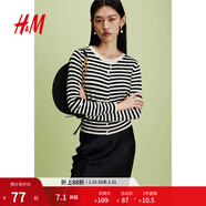 H&M女裝毛針織衫春季慵懶風(fēng)休閑打底衫短款開(kāi)衫薄款外套0579541 黑色/條紋 XL 170/116