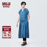 MUJI女式 強捻法國袖連衣裙 女裝裙子夏季純棉全棉襯衫連身裙BC2JGC4S 藍色 L(165/88A)