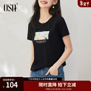 歐莎（OSA）白色短款T恤女士夏季新款衣服短袖印花顯瘦正肩上衣體恤修身 黑色 XS