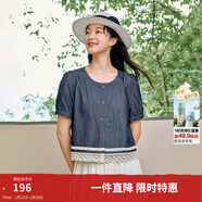 茵曼復古蕾絲花邊牛仔襯衣2025夏季女裝新款休閑顯瘦小飛袖上衣 牛仔藍 L