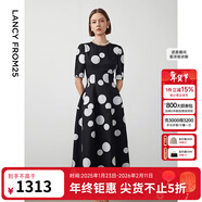 朗姿【Basic衣櫥】小香風(fēng)法式赫本風(fēng)波點(diǎn)小黑裙女收腰高智連衣裙 本白色 2XL