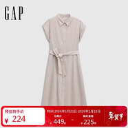 蓋璞女裝2025夏季新款亞麻混紡無(wú)彈襯衫翻領(lǐng)收腰長(cháng)款連衣裙765871