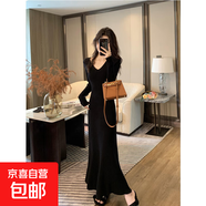 v領(lǐng)針織連衣裙女春秋季新品修身氣質(zhì)內搭打底毛衣包臀魚(yú)尾長(cháng)裙子 4452黑色 L 【建議110斤-120斤】