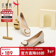 紅蜻蜓秋冬女士粗跟小香風(fēng)皮鞋職業(yè)通勤媽媽鞋高跟鞋WFB31540 米白色 39