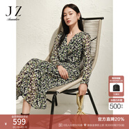 玖姿·安娜蔻優(yōu)雅淑女風(fēng)浪漫碎花V領(lǐng)紗羅收腰連衣裙女春季 花紋綠 S
