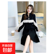 半高領(lǐng)拼接撞色連衣裙女2026春秋新款寬松顯瘦系帶收腰中長(cháng)裙 白色 3XL
