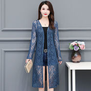 喬駿晟春夏秋新款女裝薄款蕾絲開(kāi)衫中長(cháng)款網(wǎng)紗外搭長(cháng)袖披肩寬松外套 066藍色 M 建議80-95斤