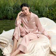 絲界商場(chǎng)同款真絲睡衣女純色極簡(jiǎn)翻領(lǐng)家居服輕奢睡衣套裝節日禮物禮盒 雙層雙面袖口-粉色 M