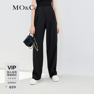 MO&Co.金屬裝飾扣高腰壓褶長(cháng)褲闊腿休閑褲寬松褲子夏季薄款女摩安珂 黑色-第2批 常規 建議和客服確認尺碼哦 L 170 建議和客服確認尺碼哦